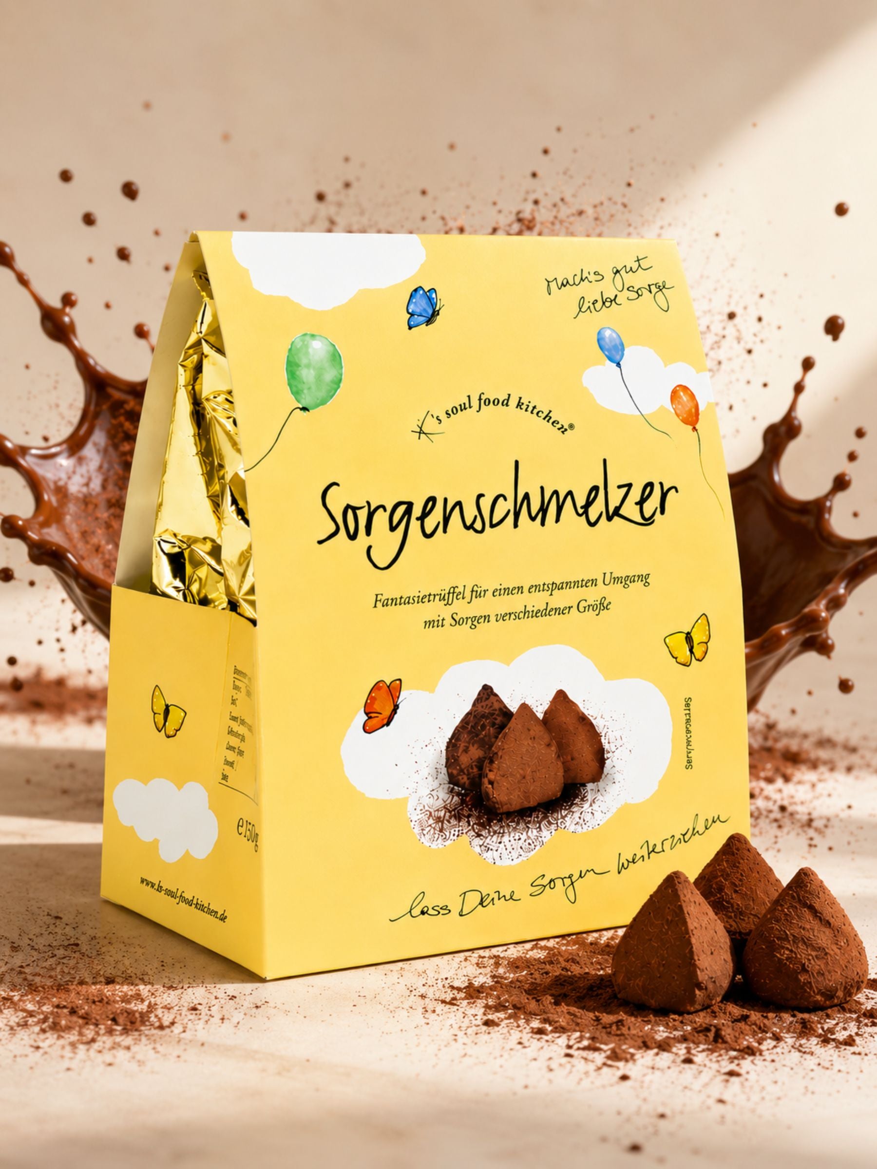 Sorgenschmelzer Kakao-Trüffel 150g von K's Soul Food Kitchen vor Hintergrund mit Kakao