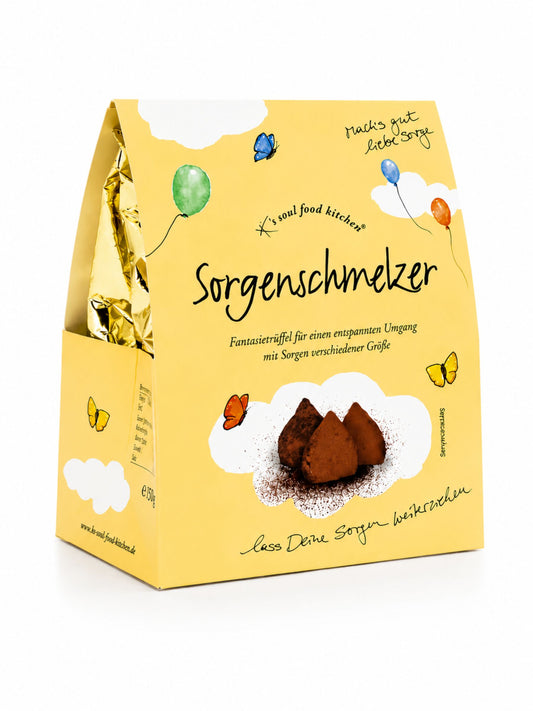 Sorgenschmelzer Kakao-Trüffel 150g von K's Soul Food Kitchen vor weißem Studiohintergrund