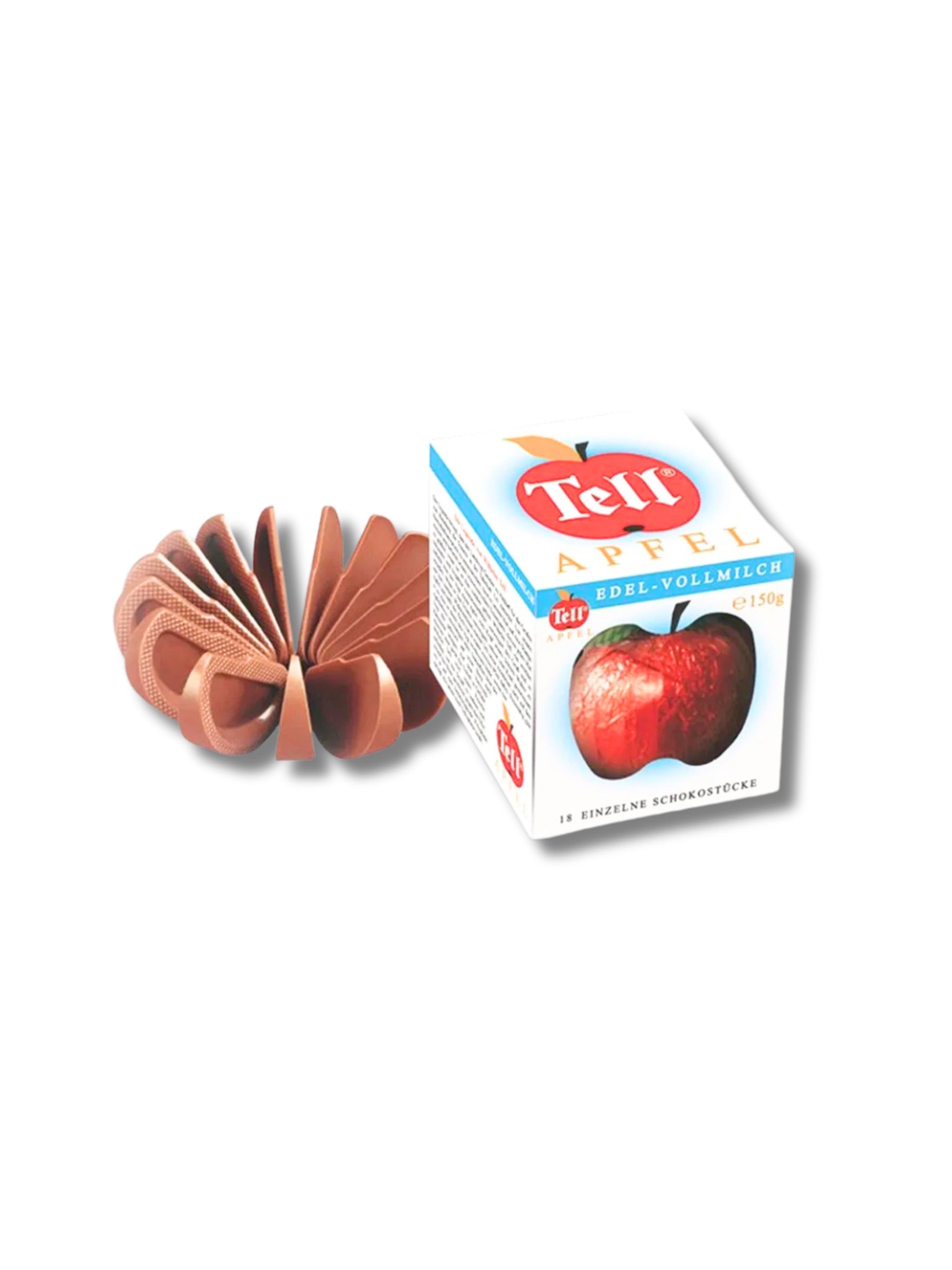 Tellapfel Vollmilch 150g – 18 Schokoladen-Schnitze aus zarter Vollmilchschokolade in dekorativer Apfelform erhältlich in der Dreyer Confiserie.
