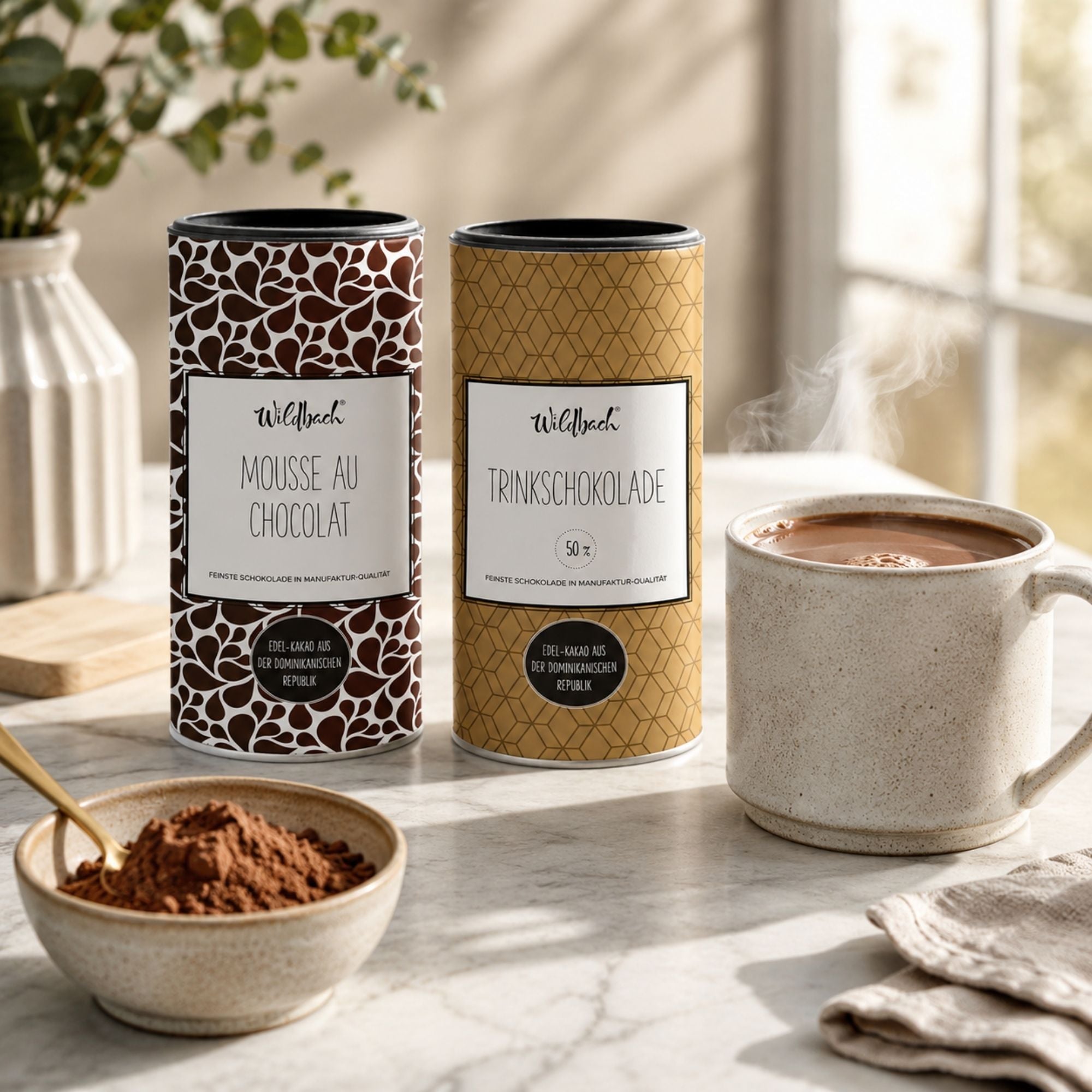 Wildbach Trinkschokolade cremig in einer Tasse mit aufsteigendem Dampf