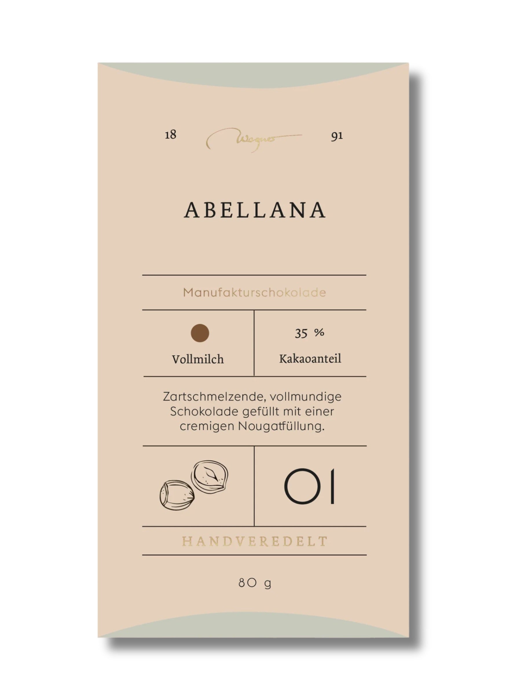 Wagner Manufakturschokolade Abellana Nougat – Vollmilchschokolade mit Nougatfüllung, handgeschöpft, erhältlich in der Dreyer Confiserie in der Rattenfängerstadt Hameln.