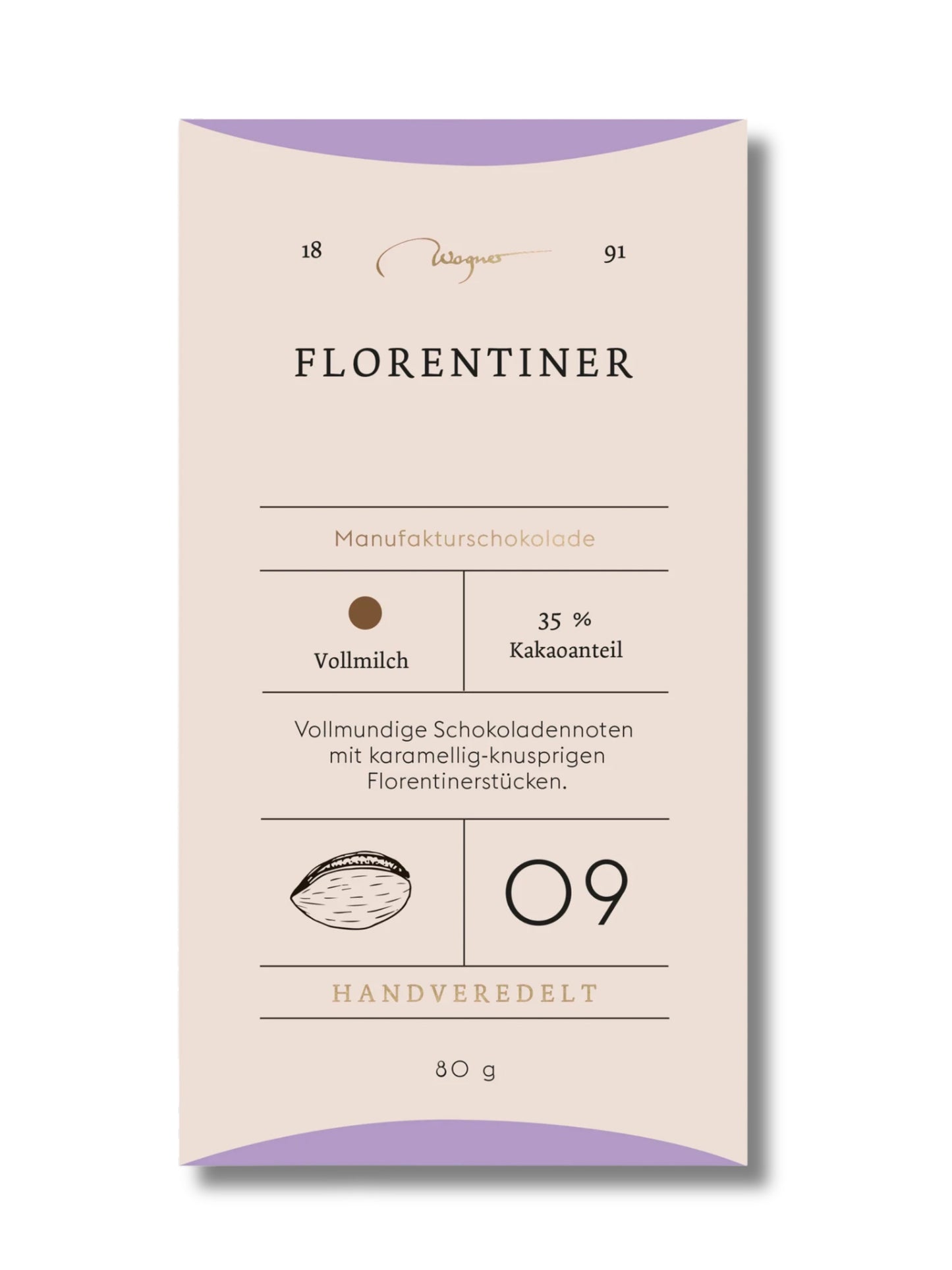 Wagner Manufakturschokolade Florentiner – Vollmilchschokolade mit karamellisierten Mandelflorentinern, handgeschöpft, erhältlich in der Dreyer Confiserie in der Rattenfängerstadt Hameln.