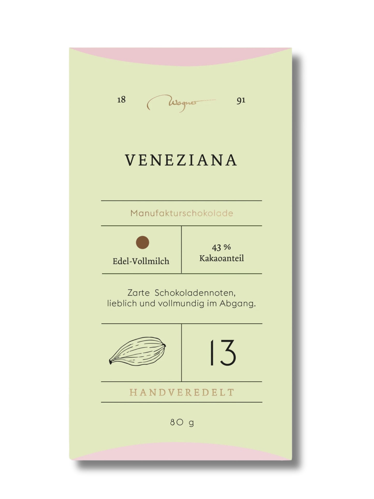 Wagner Manufakturschokolade Veneziana – Edelvollmilchschokolade mit 43 % Kakaoanteil aus Venezuela, handgeschöpft, erhältlich in der Dreyer Confiserie in der Rattenfängerstadt Hameln