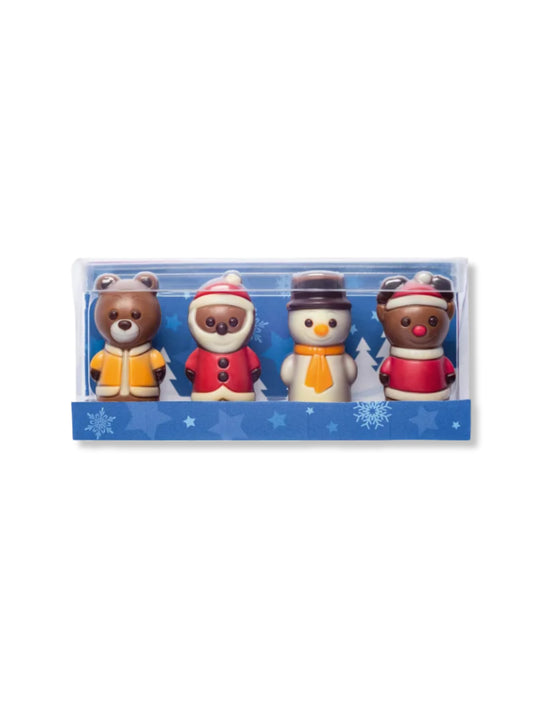 Weibler Mini Weihnachtsfiguren 40 g – vier kleine Edelvollmilch-Schokoladenfiguren, liebevoll dekoriert, erhältlich in der Dreyer Confiserie in der Rattenfängerstadt Hameln.