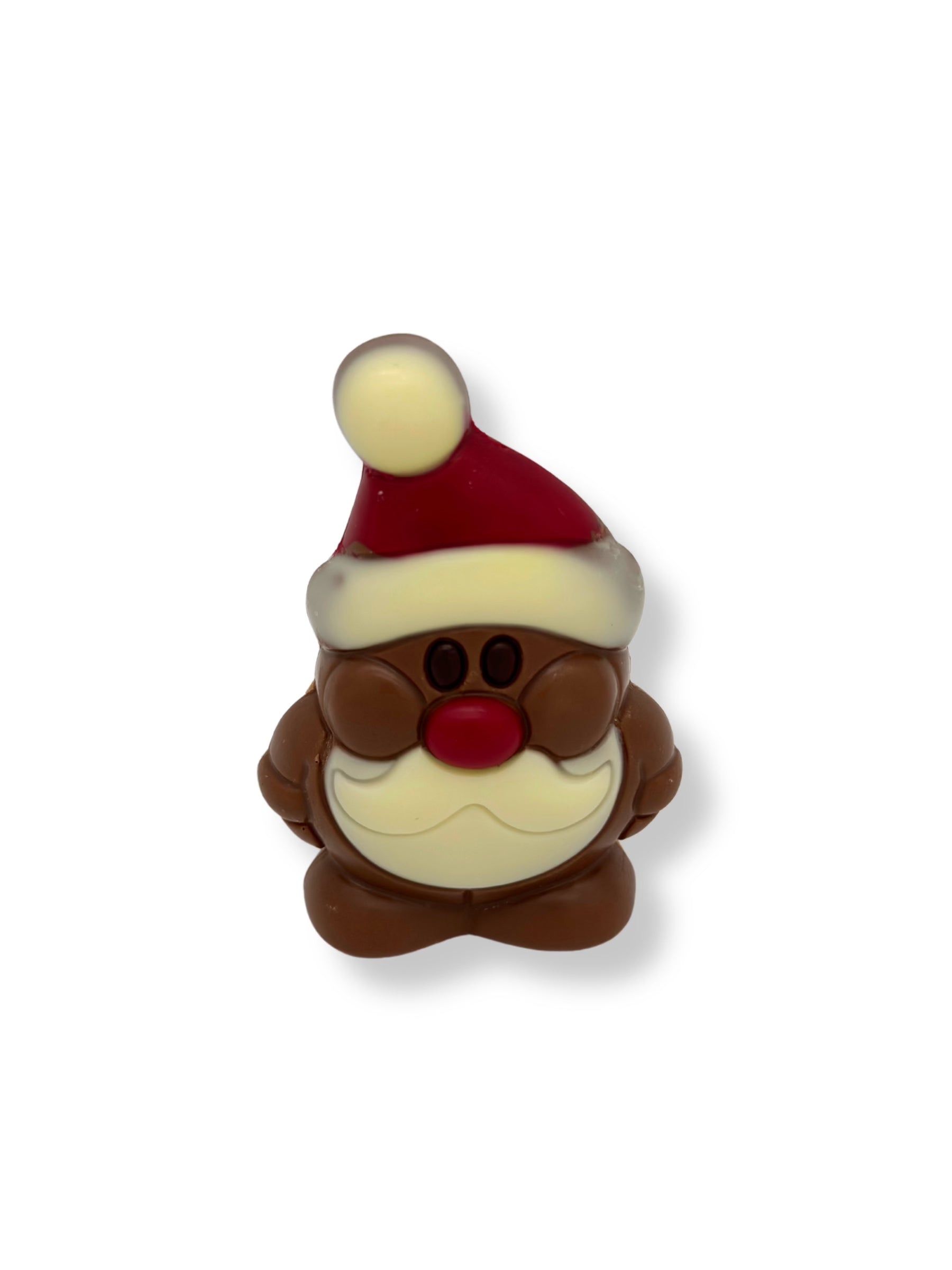 Weibler Weihnachtsmann Hippy 40 g, handgefertigte Schokoladenfigur aus Edelvollmilchschokolade mit weißen und dunklen Details, erhältlich in der Dreyer Confiserie in der Rattenfängerstadt Hameln.