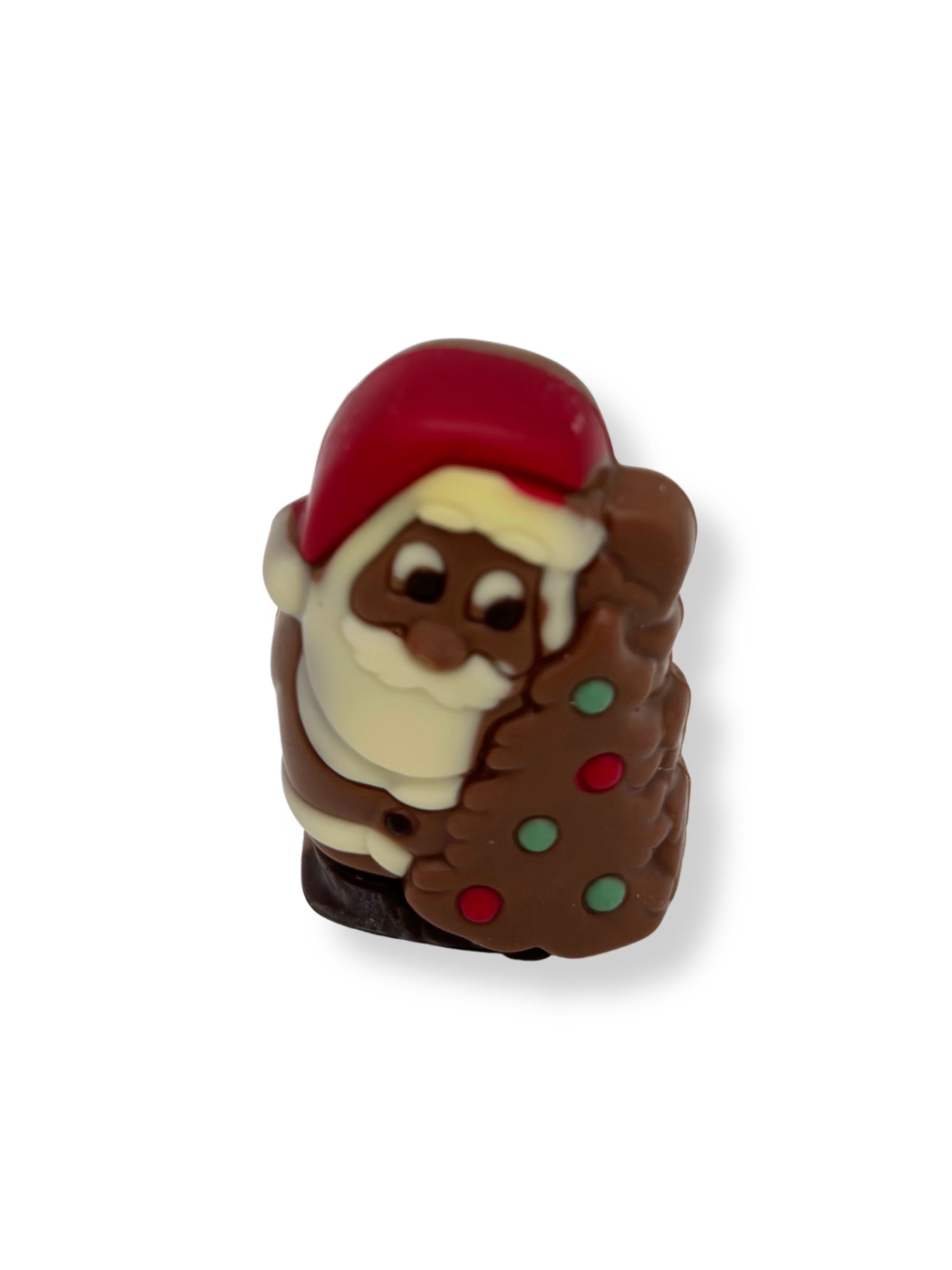 Weibler Weihnachtsmann Maxwell 40g, handgefertigte Schokoladenfigur aus Edelvollmilchschokolade mit weißen und dunklen Details, erhältlich in der Dreyer Confiserie in der Rattenfängerstadt Hameln.