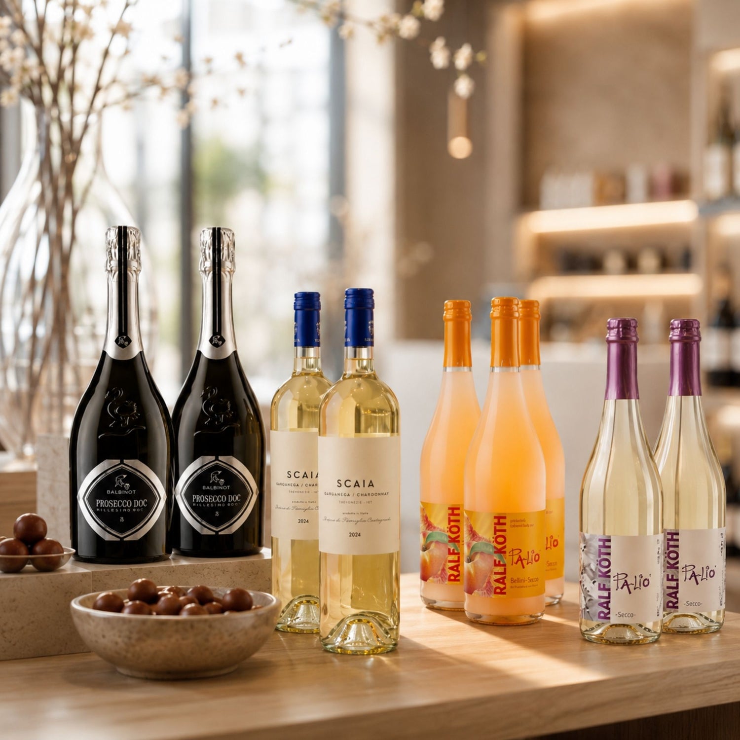 Dreyer Confiserie in Hameln mit Wein-, Sekt- und Seccoflaschen auf Holztisch